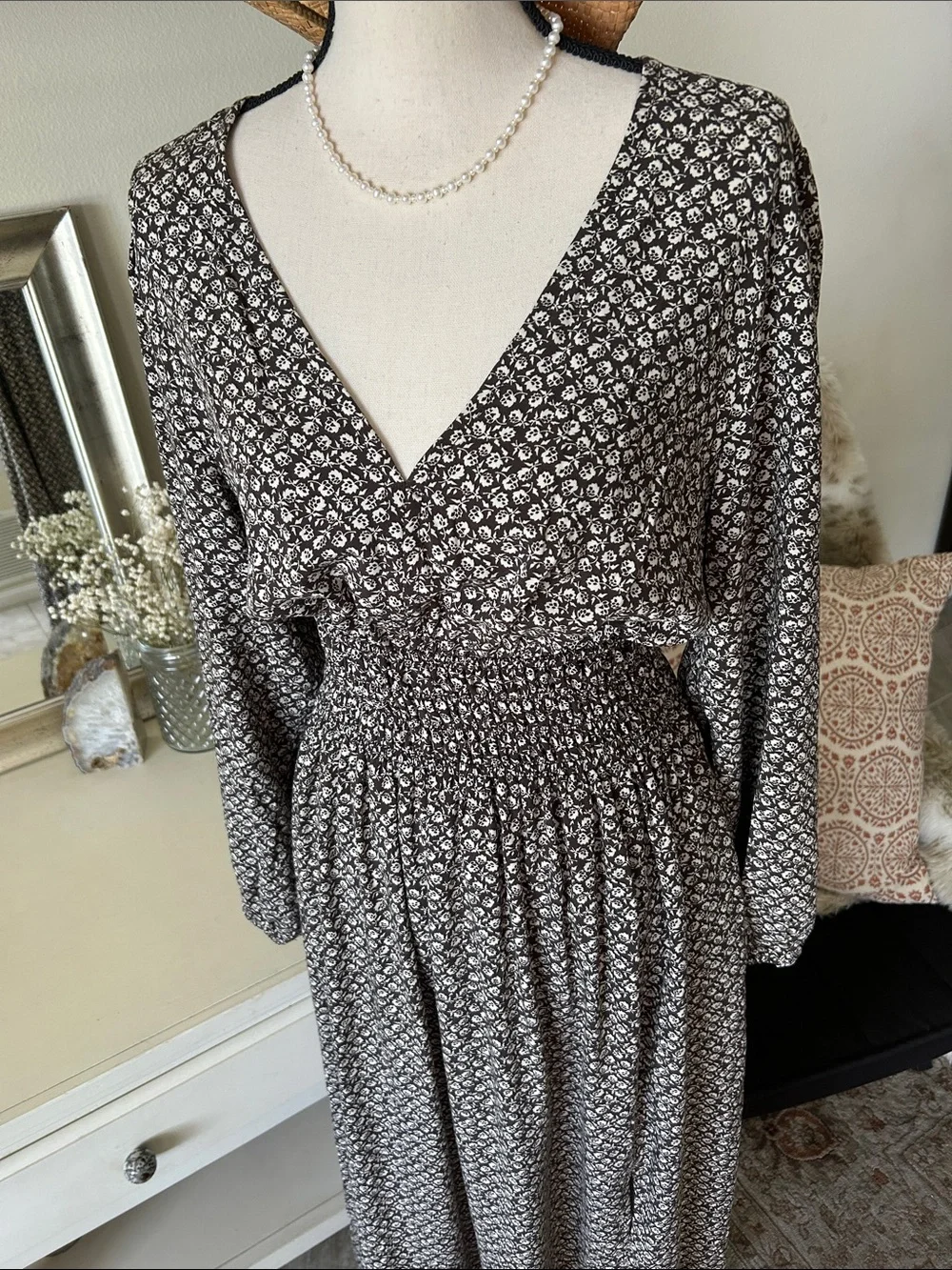 Gap V neck smocked waist brown floral cottage long balloon sleeve maxi dress L - Picture 2 of 13